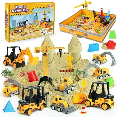 Billeeit Sand Construction Kit with 2.2lbs Play Sand, Large Foldable Sandbox, Construction Trucks, Castle Molds, and 36PCS Total Accessories, Creative Sand Play Set for Kids Ages 3 