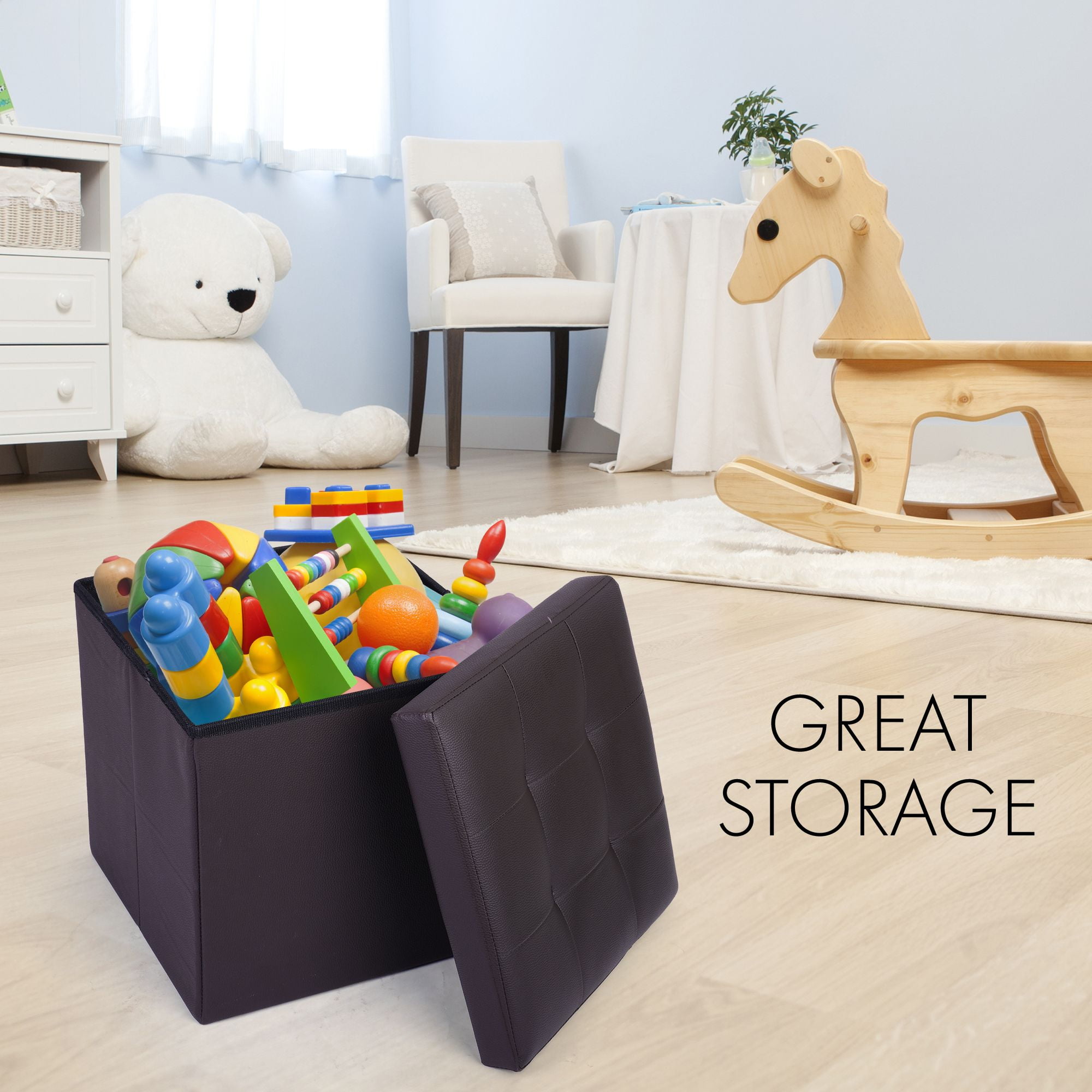 LotFancy 2 Pack 13" Faux Leather Storage Ottoman Cube, Square Foot Stool Ottoman with Storage, Brown