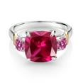 thumbnail image 2 of Gem Stone King 925 Silver and 10K Yellow Gold Red Created Ruby and Pink Moissanite 3 Stone Ring for Women (5.46 Cttw, Gemstone July Birthstone, Cushion 10MM, Round 4MM, Size 5), 2 of 3