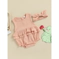 thumbnail image 4 of Musuos Baby Summer 2PCS Romper, 3 6 12 18M Sleeveless Plain Pleated Crew Neck Ruffle Snap Bottom Jumpsuit, Stretchy Bow Headband, 4 of 10