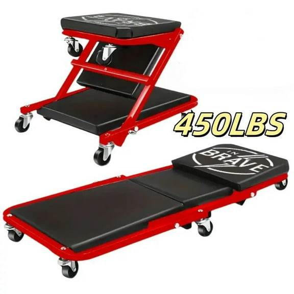 36 Inch 3-in-1 Foldable Creeper Seat with Brake, 450 lbs Capacity, 6-Wheel Garage Roller for Car Repair – Red/Black