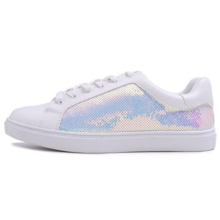 

Feversole Women s Fashion Dress Sneakers Party Bling Casual Flats Embellished Shoes AB White Sequin Lace Up Size 7.5 M US