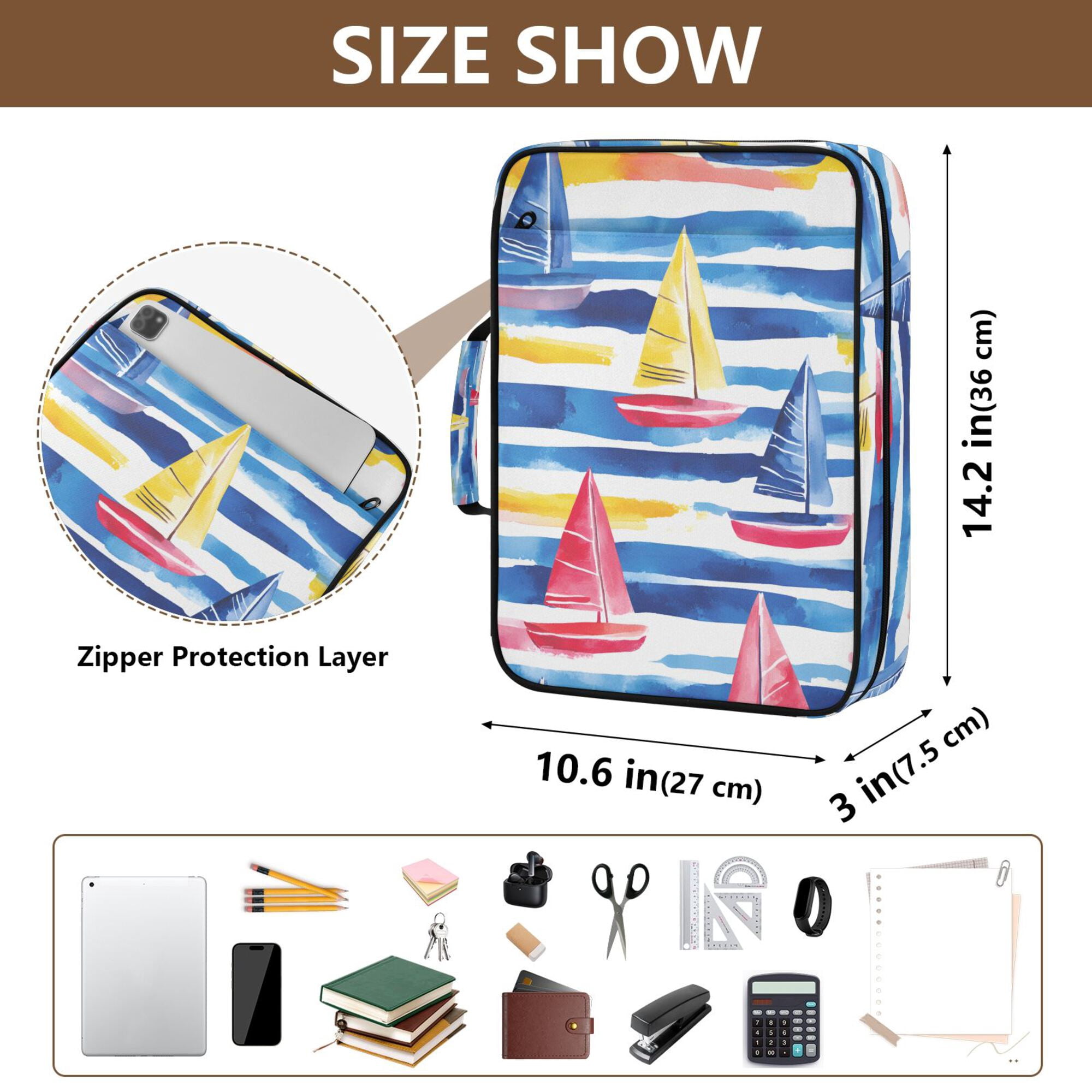 FORMRS Accordion File Folder A4 Size 7-Pocket Expanding Document Organizer Bag with 3 Ring Binder, Red Hand Drawn Sailboats