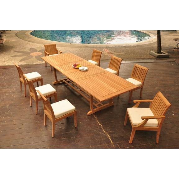 Grade-A Teak Dining Set: 8 Seater 9 Pc: 118" Double Extension Mas Rectangle Trestle Leg Table And 8 Lagos Chairs (2 Arm & 6 Armless Chairs) WholesaleTeak #WMLG12