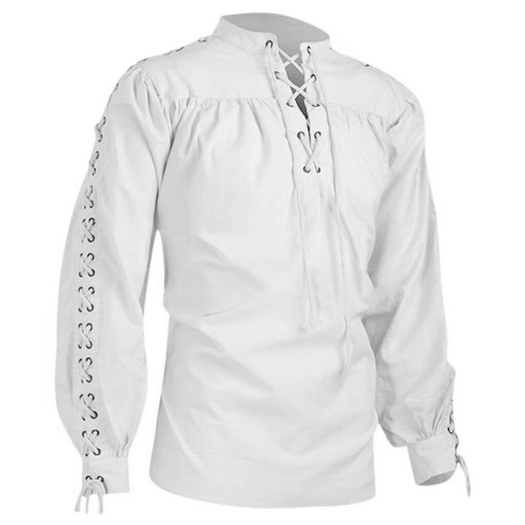 Ploknplq Men's Leisure Pirate Shirt Medieval Renaissance Relaxed Fit Hip Length Poet Collar Long Sleeve Lacing White XXL