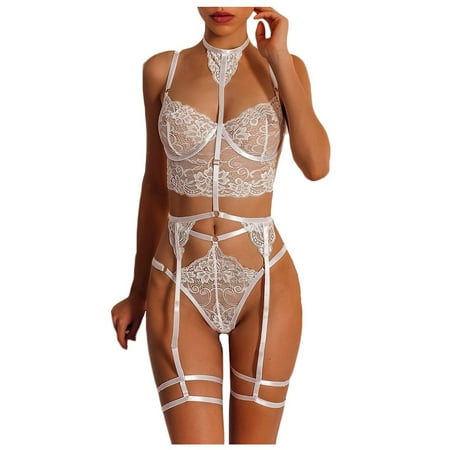 

DNDKILG Women s Plus Size Teddy Bra and Panty Sets Lace Sexy Lingerie Babydoll Halter Lingerie Set with Garter White XL