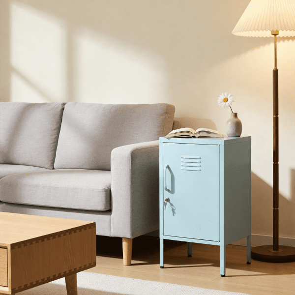 Leumius Small Metal Nightstand with Adjustable Shelf & Lockable Door,Modern Bedside Table End Table Side Cabinet for Bedroom,Living Room,Blue