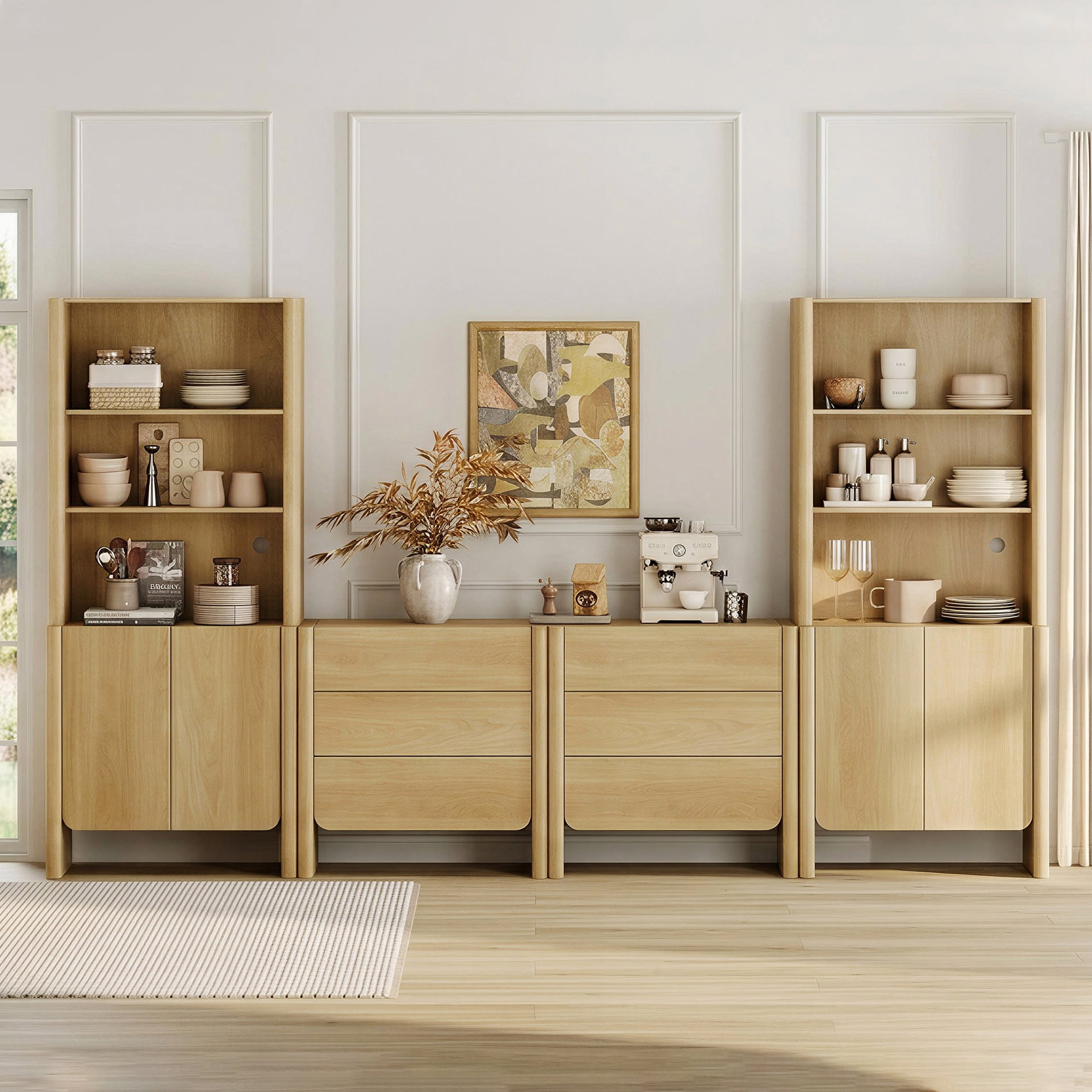 Modern French TV Stand with Bookshelves, 126-Inch Media Console, Doors, Drawers and Open Shelving, Supports TVs up to 70 Inches, Oak