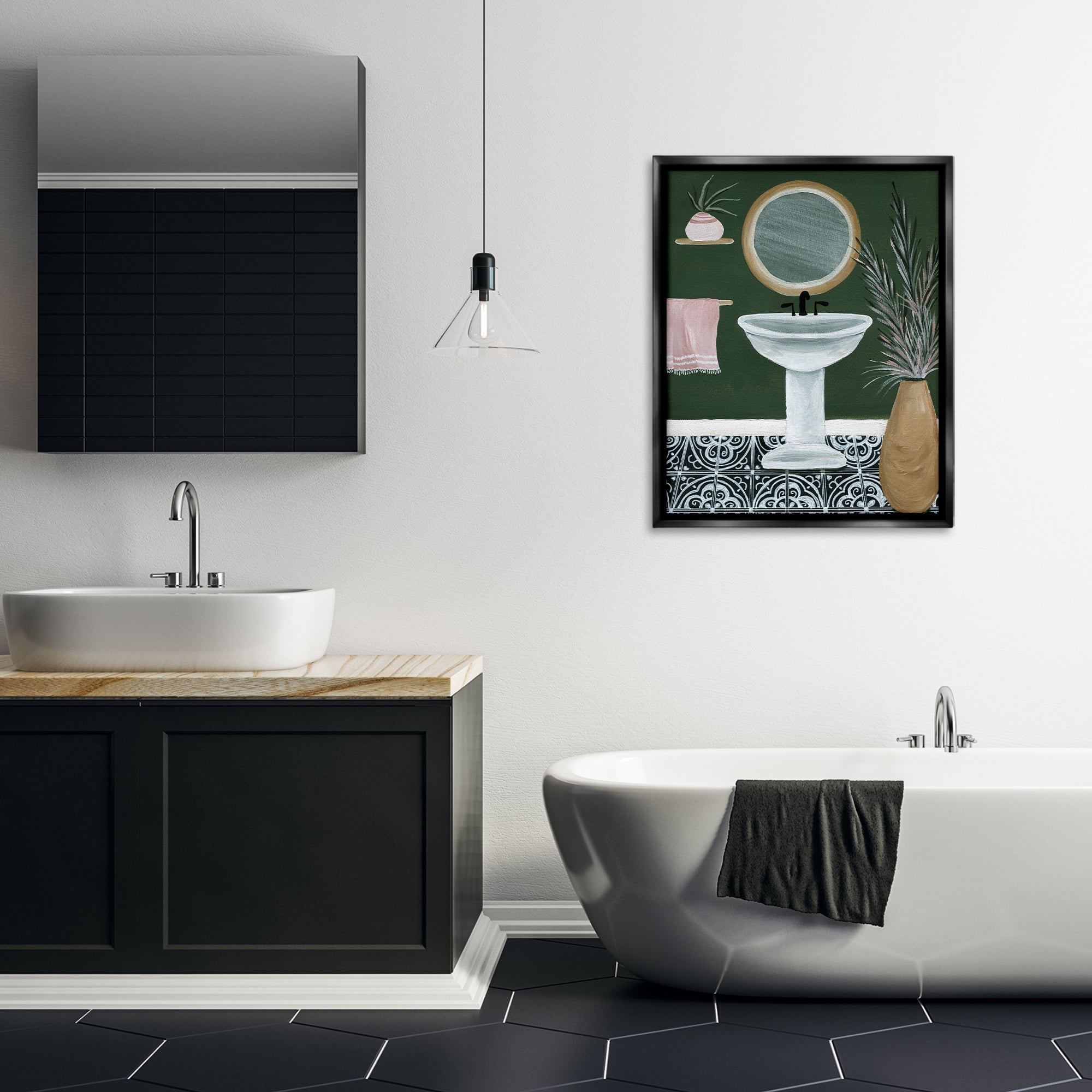 Stupell Industries Chic Green Bathroom Typography Painting Black Floater Framed Canvas Art Print Wall Art, 25 x 31