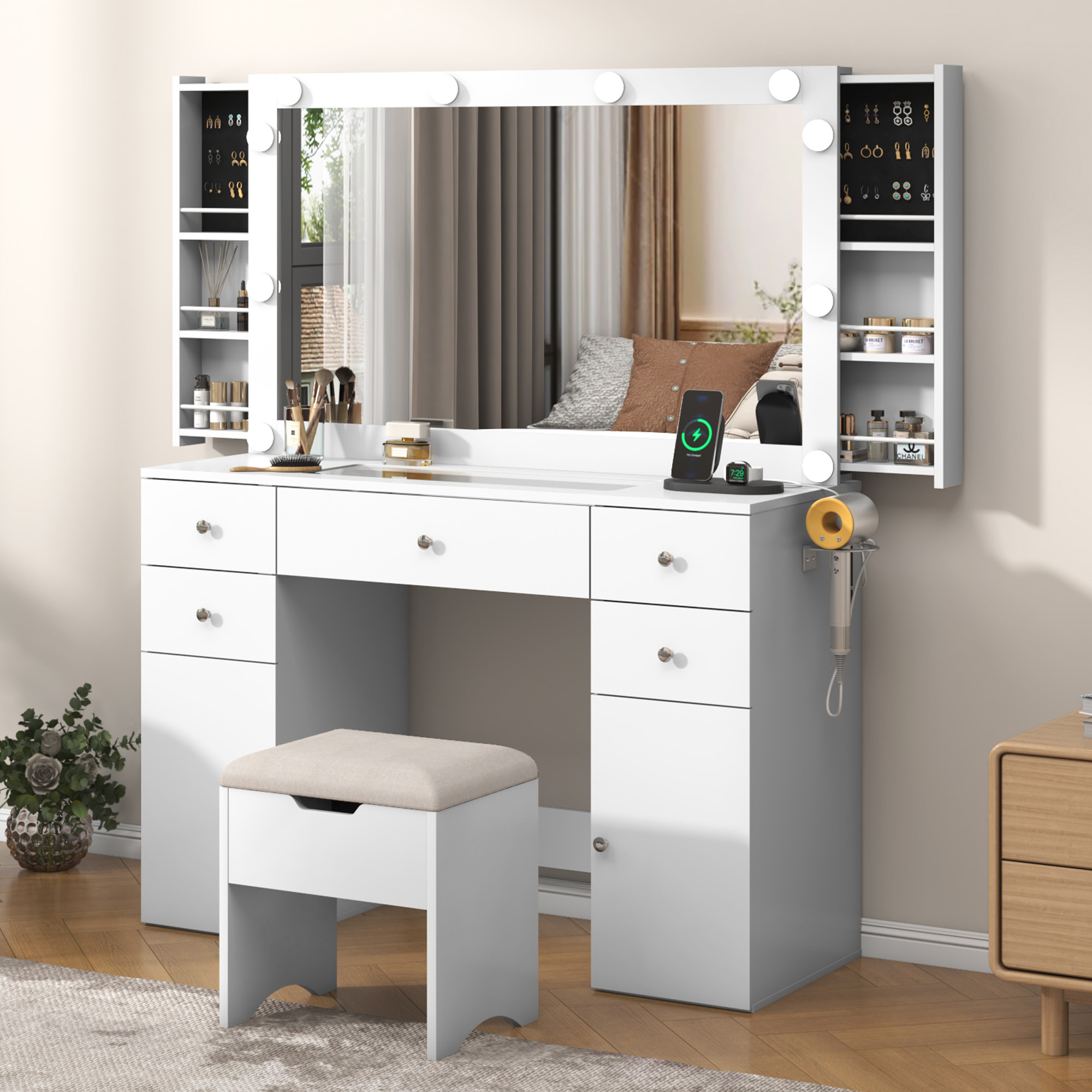 White Vanity Desk with Large Lighted Mirror & Power Outlet, Makeup Vanity Table with Glass Top & Drawers, Sliding Storage, Vanity Set with Storage Stool