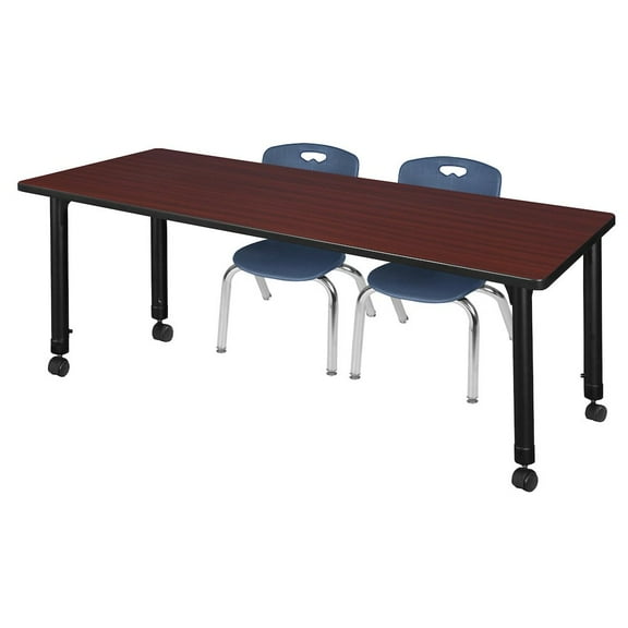 Regency 72x24 Mobile Adjustable Classroom Table- Mahogany & 2 Andy 12 Stack Chairs- Blue