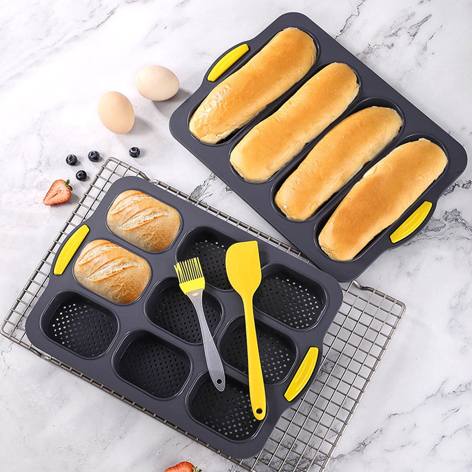 BIMZUC 9‑Grid French Bread Baking Set – Flexible Silicone Loaf Pan, 4‑Grid Bread Board, Brush & Spatula, Non‑Stick, Easy Release, Dishwasher & Microwave Safe