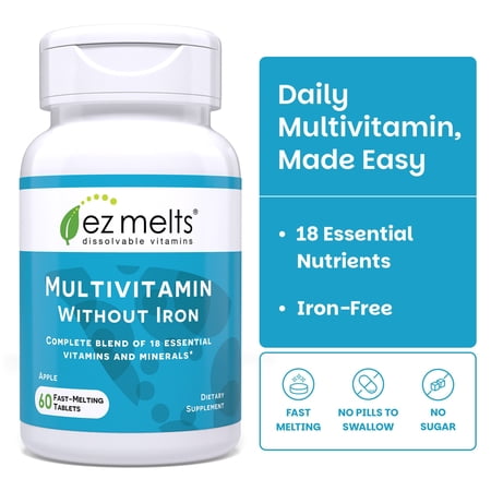EZ Melts Multivitamin Without Iron - Daily Supplement with 18 Vitamins & Minerals - Contains Vitamin C, Folate, Biotin & More - Non-GMO & Vegan - Apple - 60 Dissolvable Tablets (30 Servings)