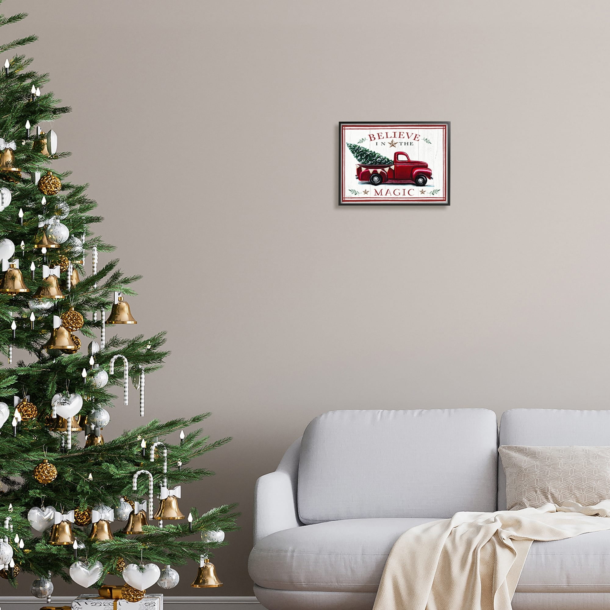 Believe In Magic Red Vintage Truck Country Holiday Tree Transportation Graphic Art Framed Art Print Wall Art