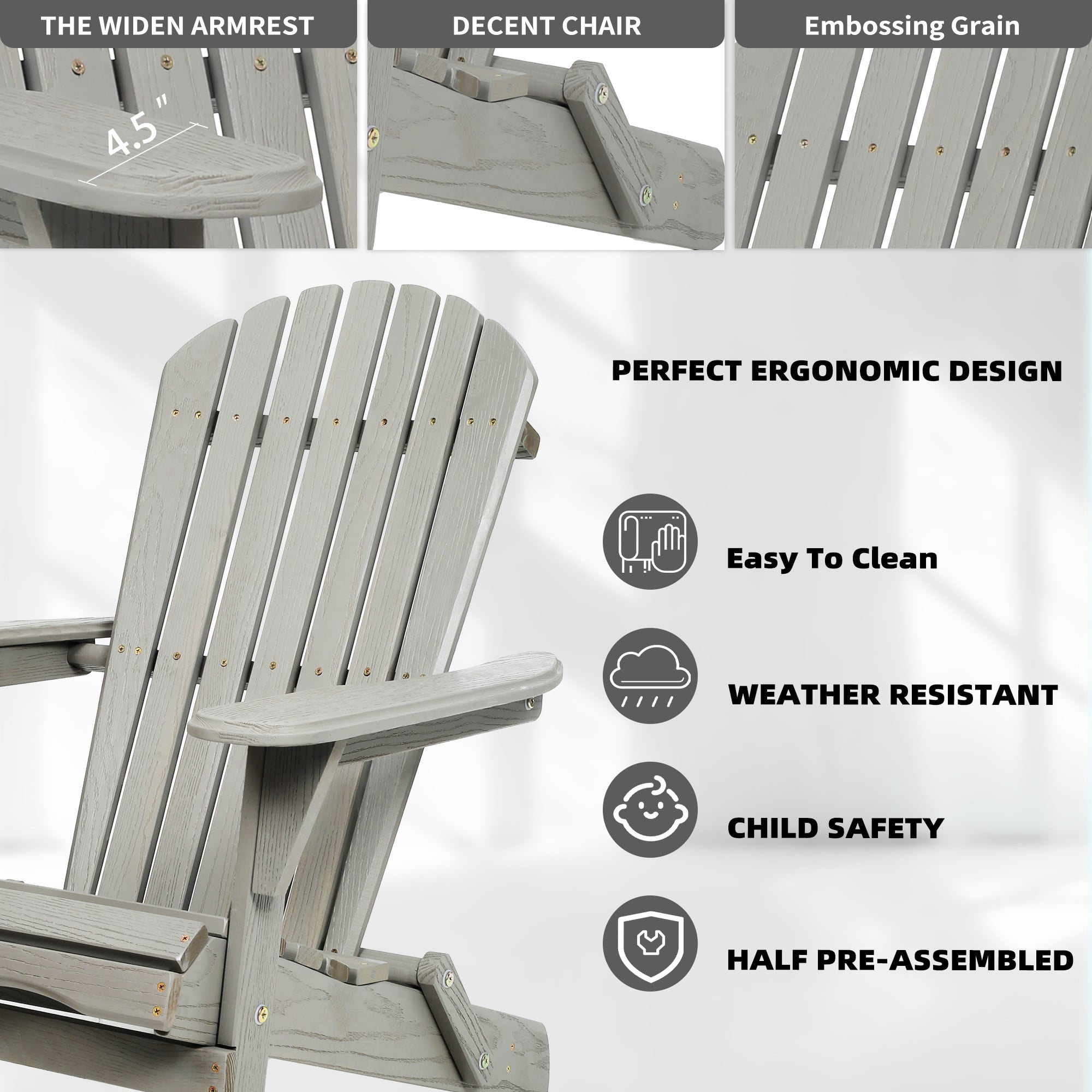UHOMEPRO Folding Adirondack Chair Set of 4, Outdoor Weather Resistant Patio Lawn Chair, Wooden Fire Pit Chair for Outside Deck Garden Backyard Balcony, Patio Furniture Set Lounge Chairs, Gray B