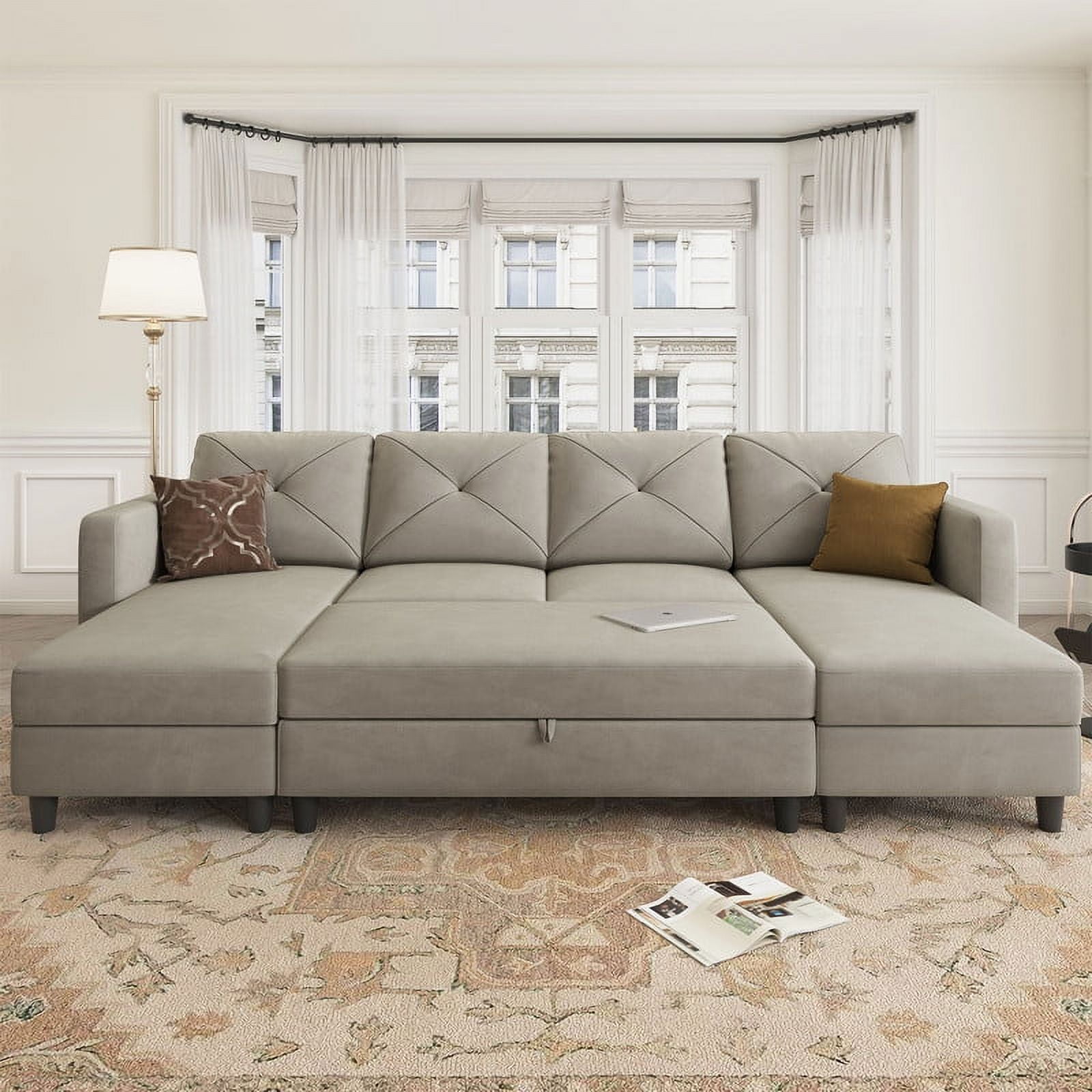 HONBAY Modern Upholstered U-Shape Modular Sleeper Sectional Couch Sets with Ottomans, Light Grey