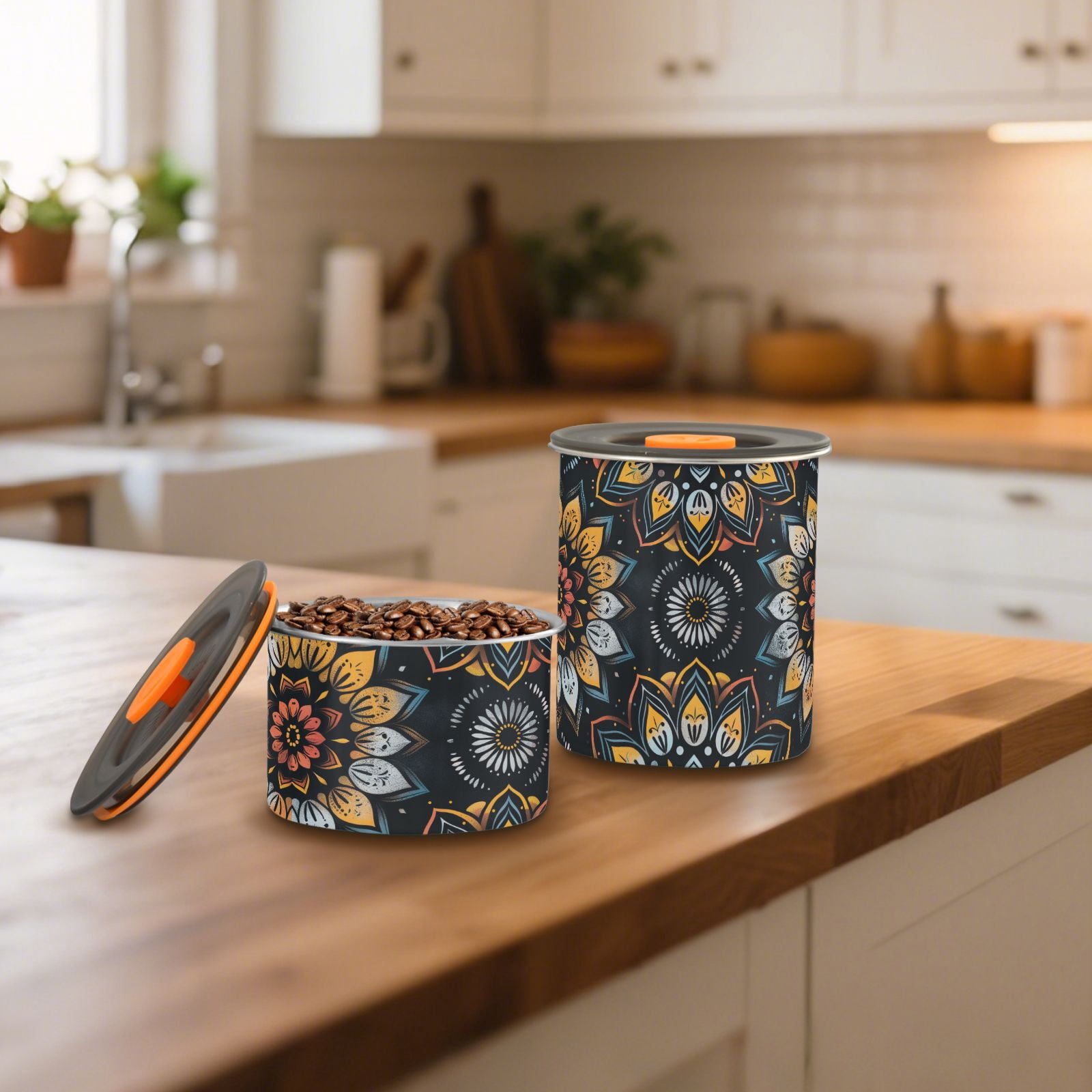 Mandala Flower Floral Airtight Coffee Bean Canister 30oz Food Storage Containers with Lids For Gournd, Tea, Sugar, Flour, Rice, Cereal, Candy Cookie Jar