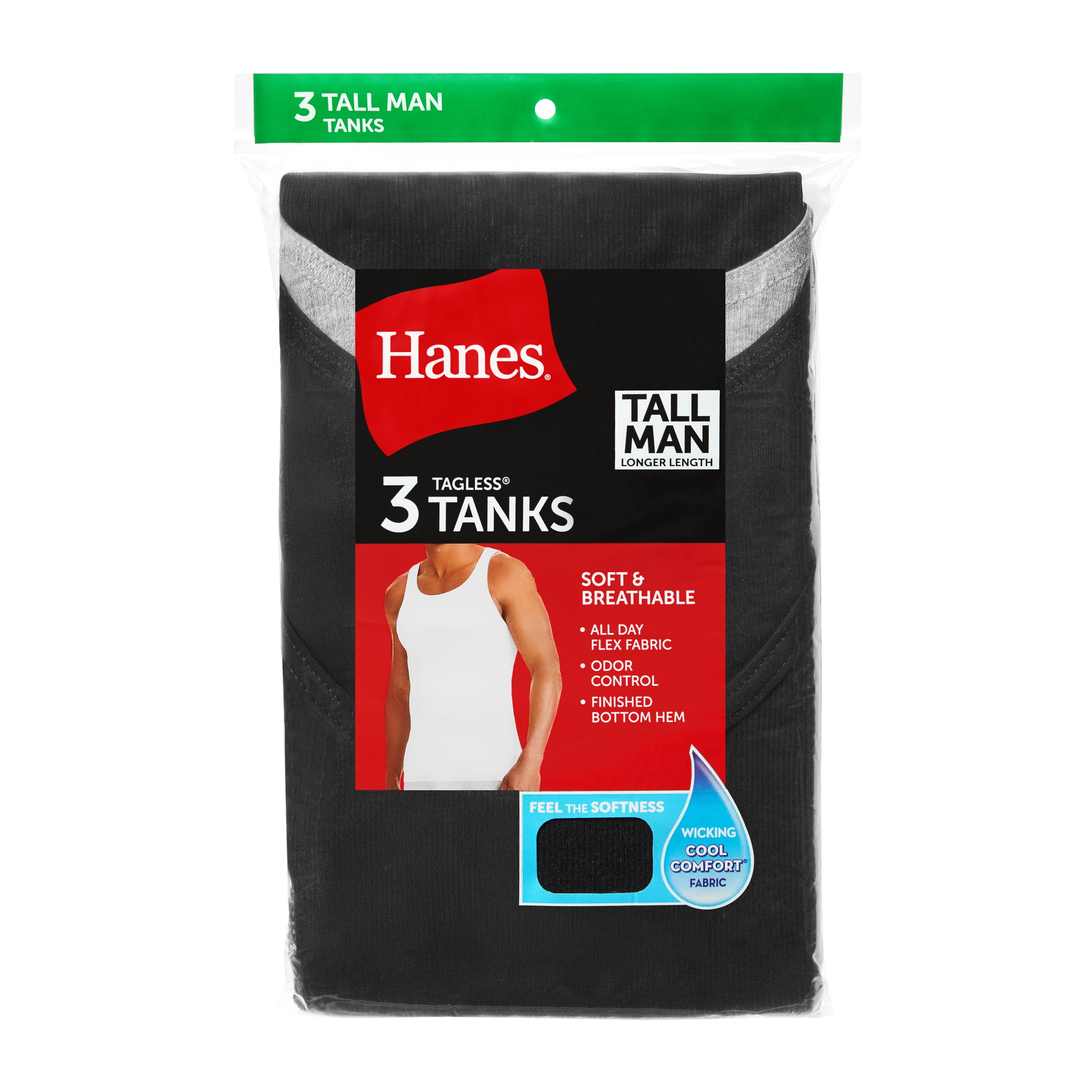 Hanes Tall Man Tank Top Undershirt, 3-Pack, Longer Length, Cotton, Black (Big & Tall Sizes)