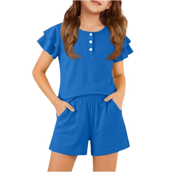 CCRFTGI Summer Clothes for Child Girls Size 10-12 2 Piece Outfits Cute Preppy Clothing Sets Casual Ruffle Sleeve T Shirts Top and Shorts Sport Tracksuit Blue 9-10 Years