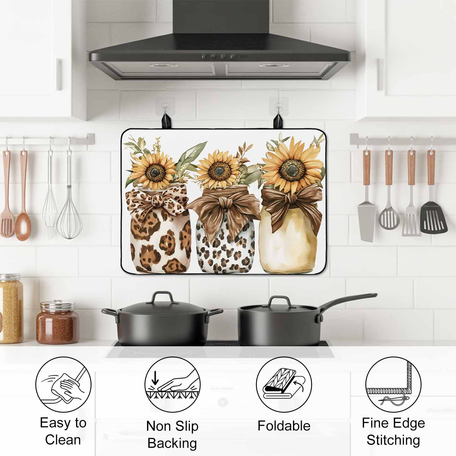 Spring Sunflower Glass Bottle Stove Top Cover for Electric Stove, Heat-proof & Non Slip Glass Top Stove Cover Protector, Brown Bow Leopard Kitchen Flat Cooktop Rubber Mat 24x21 Inches