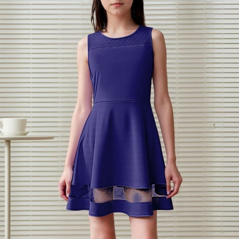 Kid Girl Dress Sleeveless Tiered Swing A-Line Cute Dark Blue Dress Girls Birthday Dresses For Girls Girls' Special Occasion Dresses