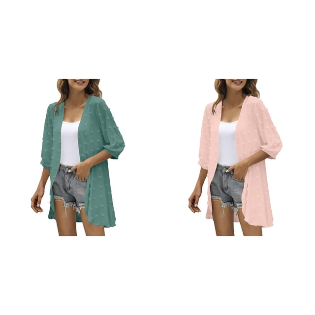 (2-Pack) Rinsvye Women Casual Cardigan Three Knitted Jacket Women Quarter Sleeve Open Front V Neck Cardigan for Women Lightweight Dots Cardigan Draped Open Back Sweaters Ruffles Cardigan