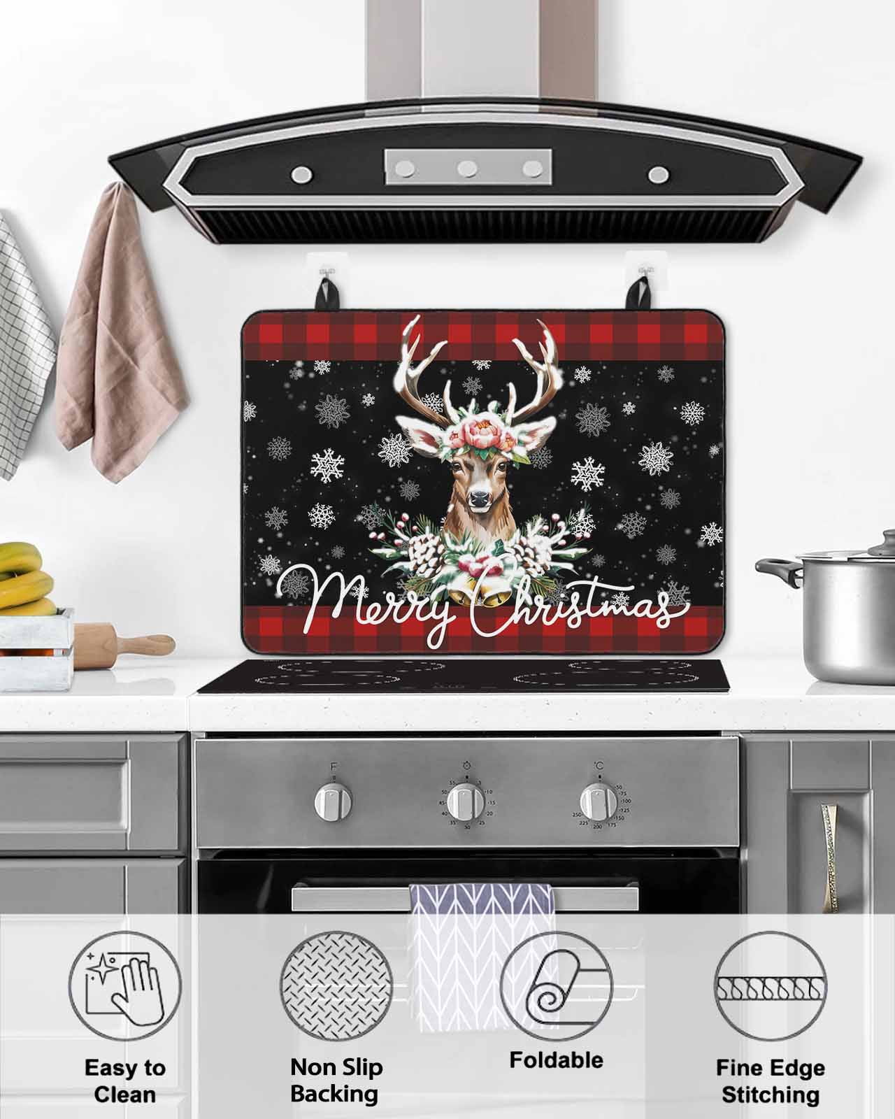 Large Induction Cooktop Protector Mat Christmas Stove Top Covers for Electric Stove, Winter Elk Berry Leaves Needle Snowflake Plaid Decorative Stove Burner Cover Mats, Glass Top Stove Cover