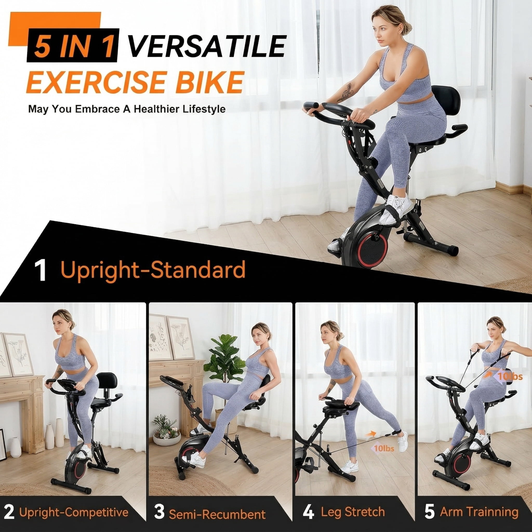 USLIM Foldable Exercise Bike, 5-in-1 Design, 16-Level Magnetic Resistance, 300 lb Capacity