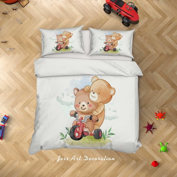 3D Cartoon Oso Bicicleta Funda de edredón Juego de ropa de cama Funda de edredón Fundas de almohada SF47
