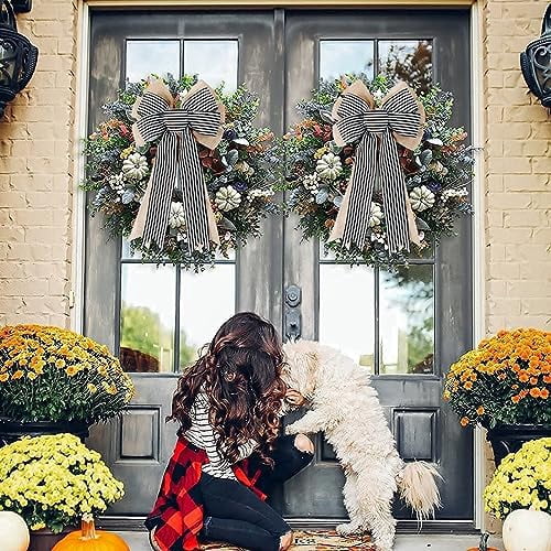 2 Pack Rustic Burlap Bows with Black and White Stripes for Wreaths, Farmhouse Decor, Holiday Crafts, Wedding Party, Tree Topper, and Home Front Door Decorations