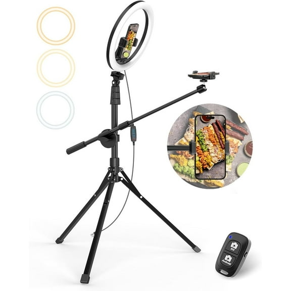 12" Selfie Ring Light with Stand and Overhead Phone Mount, 62" Foldable Tripod for iPhone with Ringlight, Phone Holder for Video Recording,Cooking,Photography,Live Streaming,Tiktok,YouTube