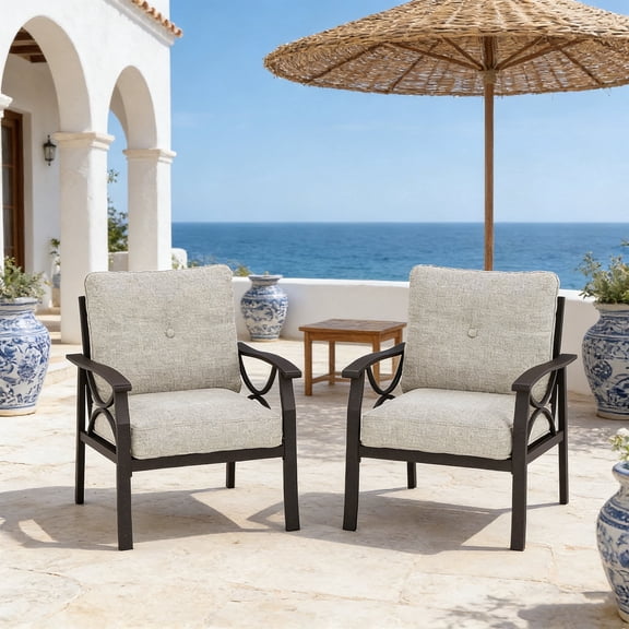 KIOOTTO Set of 2 Aluminum Outdoor Armchairs with Beige Cushions, Rust-Proof Metal Patio Deep Seating Chairs, Khaki Frame for Coastal & Boho Decor