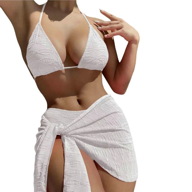 3Pcs/Set Printing Solid Color Lace-up Bikini Cover Up Set Halter Bra Mid-rise Briefs Skirt Set Beachwear