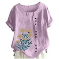 thumbnail image 2 of Linen Shirts for Women Crew Neck Short Sleeve Floral Graphic Tees Casual Loose Fit Buttons Breathable Boho Summer Vacation Tunic Tops, 2 of 5