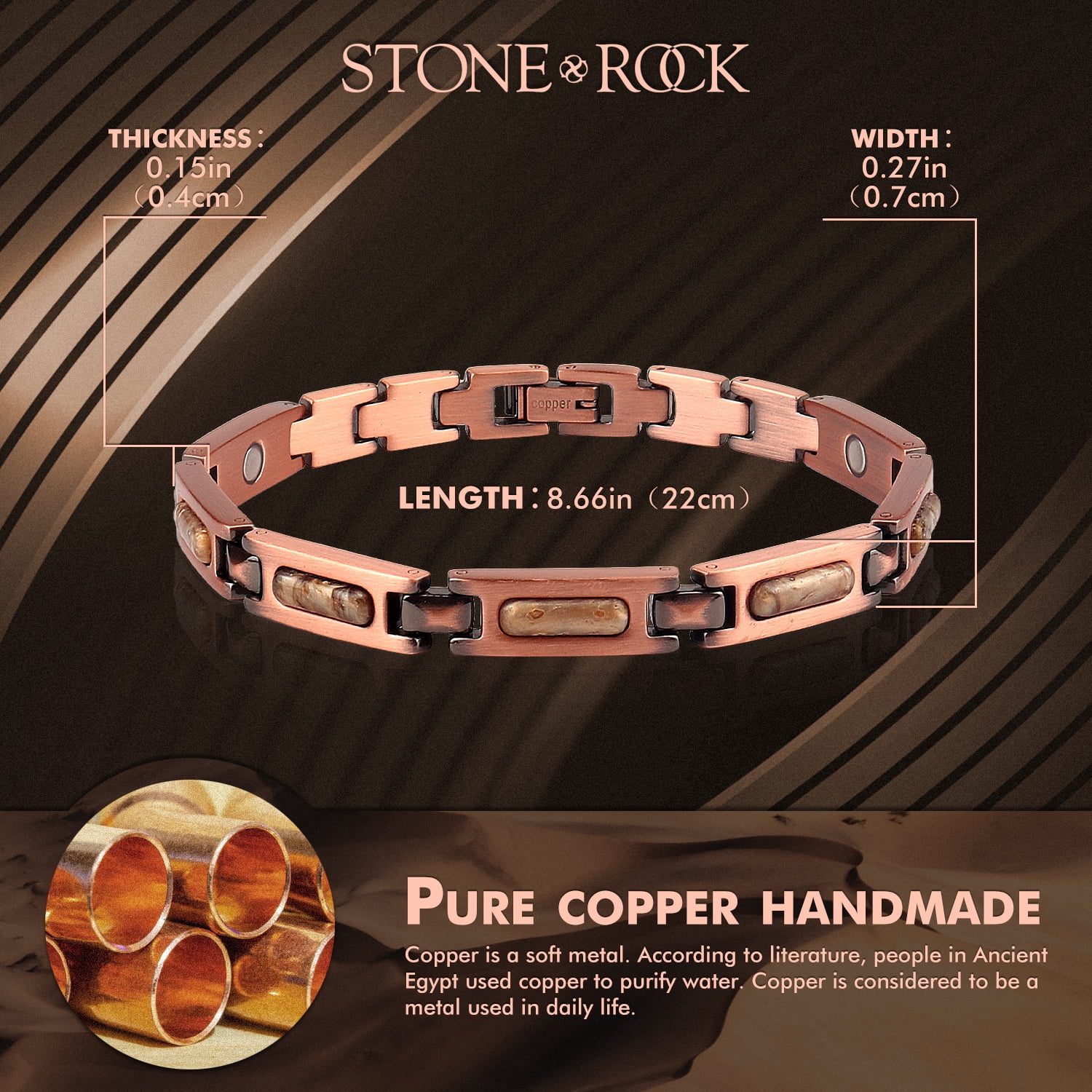 STONE ROCK - Tiger's eye Copper Bracelets for Women or Men - 99.99% Solid Pure Copper Magnetic Bracelets Adjustable