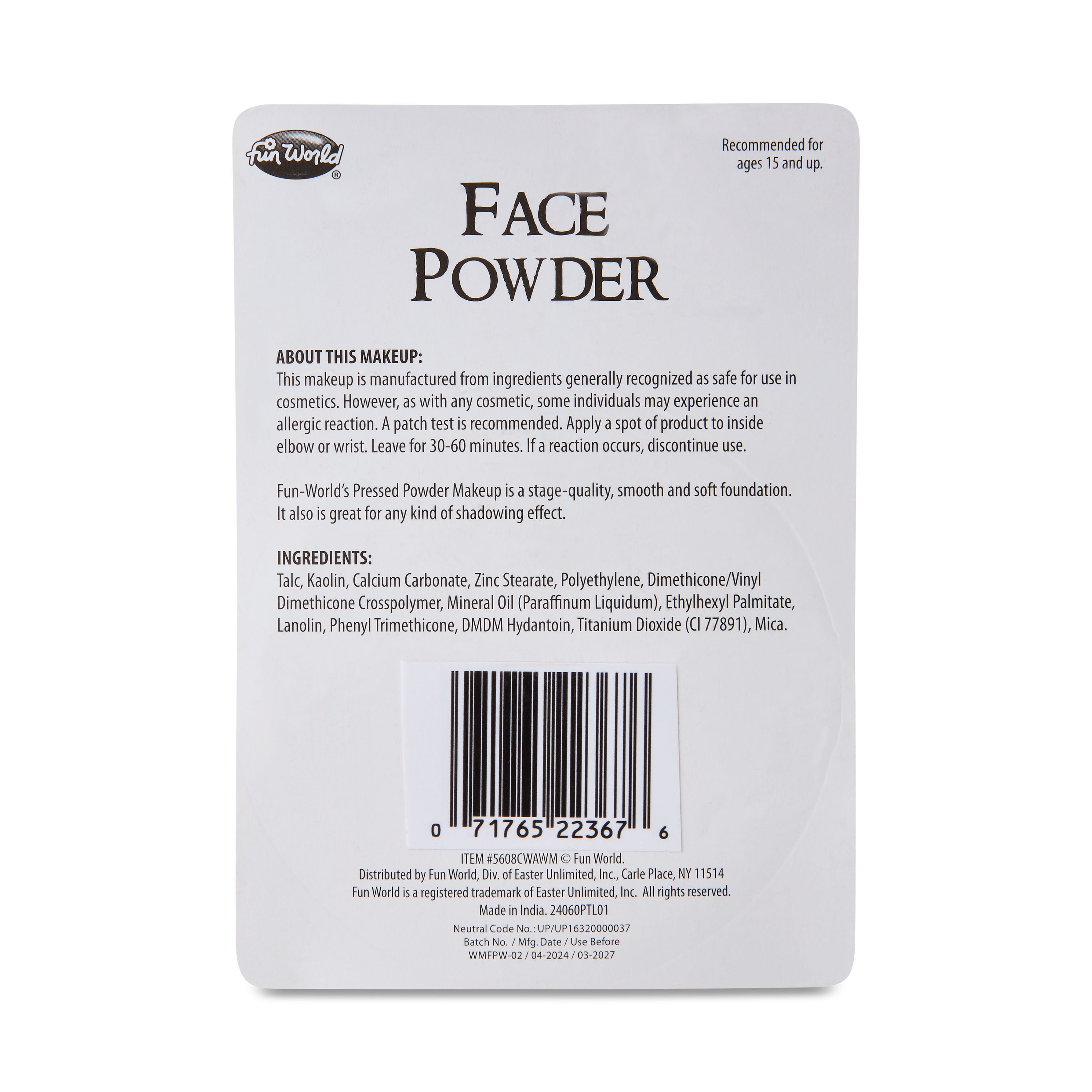 Halloween Face Pressed Powder,White, .34oz, Halloween Make-Up for Adults, by Fun World