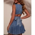 thumbnail image 2 of Women's Blue Sleeveless Denim Mini Dress, Pleated Drop Waist Ruffle Hem Dress, 2 of 6