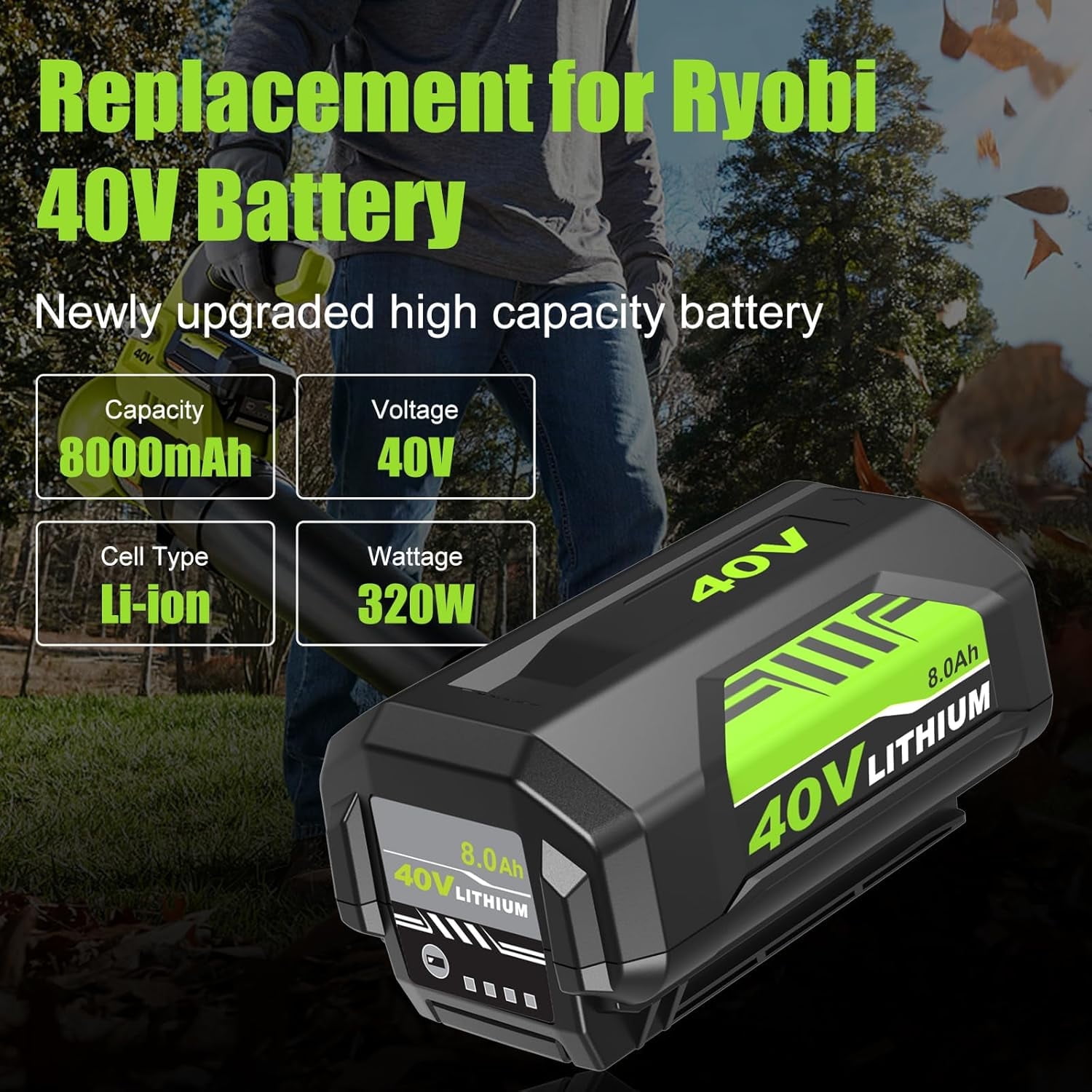 4Pack Upgraded to 8000mAh Replacement for Ryobi 40V Battery 8.0Ah Compatible with Ryobi 40Volt Battery Lithium ion OP40261 OP40404 OP4050A OP40602 OP4075A Cordless Tools