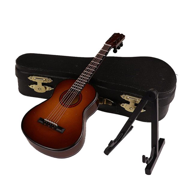 Miniature Wooden Guitar Musical Instrument Model Display with Stand and Case (Brown 10 cm)