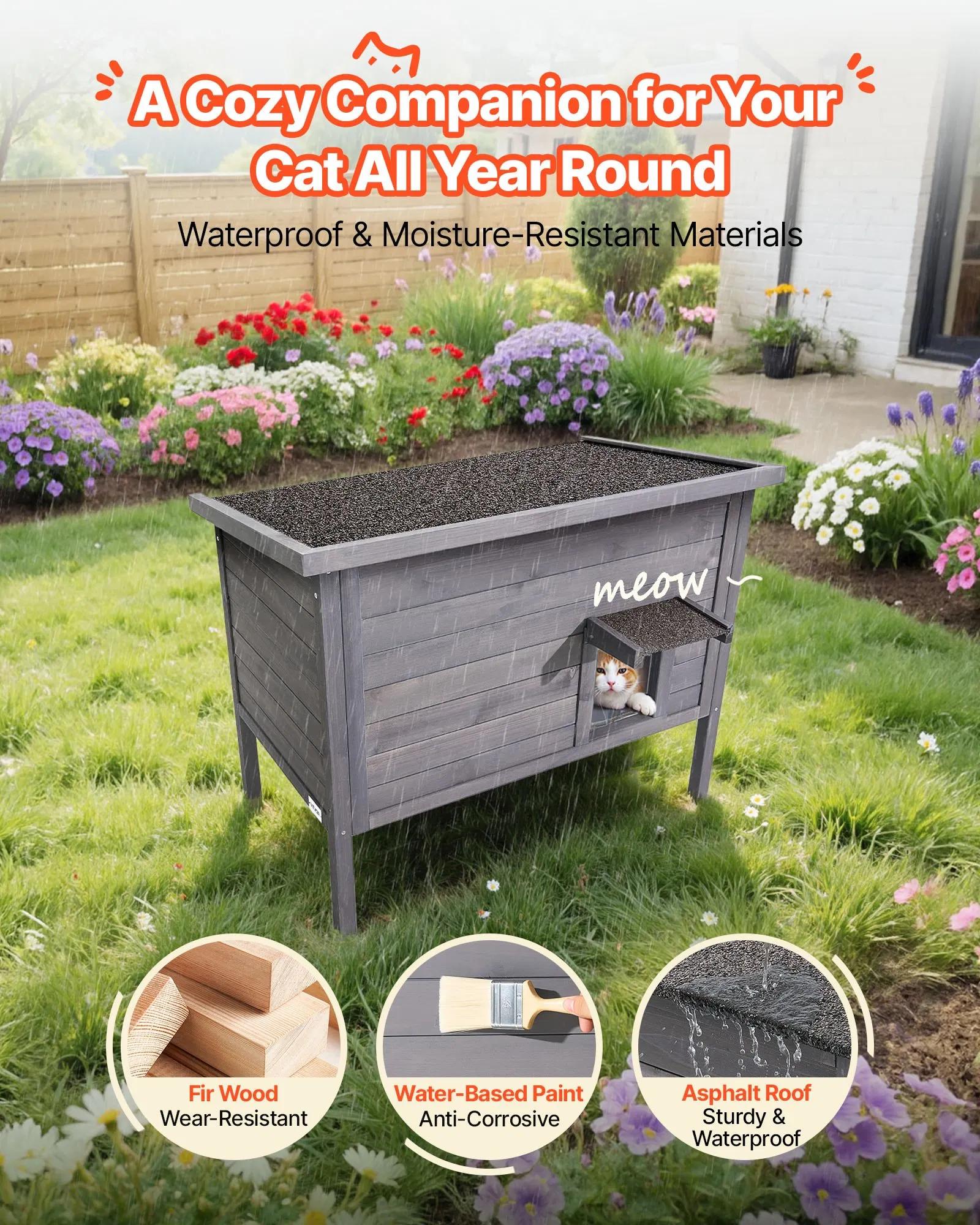 Heated Cat House, Insulated Wooden Cat House for Outdoor Cats, Waterproof Feral Kitty Shelter with Heating Pad, PVC Flap Door & Openable Asphalt Roof for 1-3 Cats in Winter