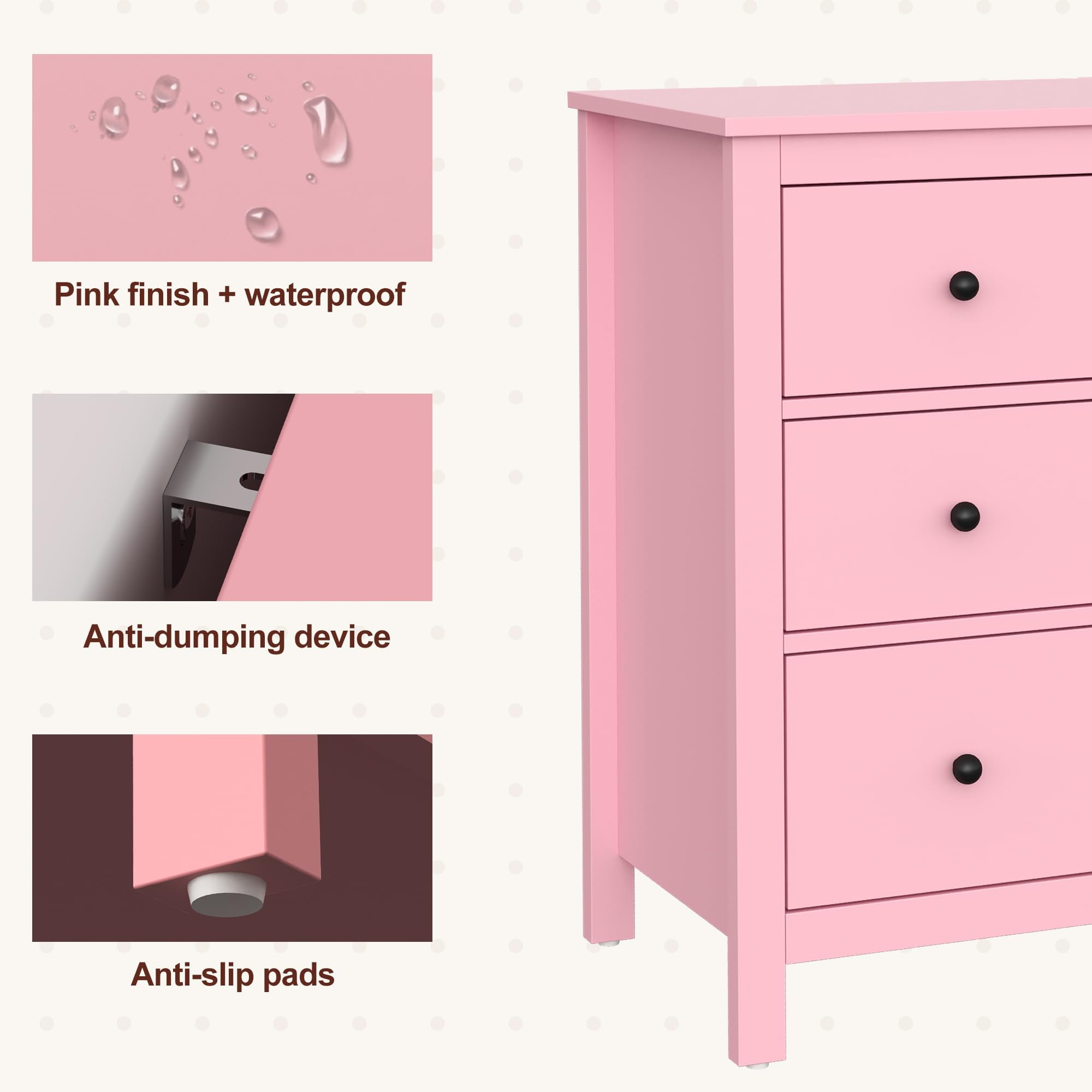 May in Color Pink 3 Drawer Dresser Set of 2 with Soft-Close Drawers, Modern Wood Chest for Bedroom, Living Room
