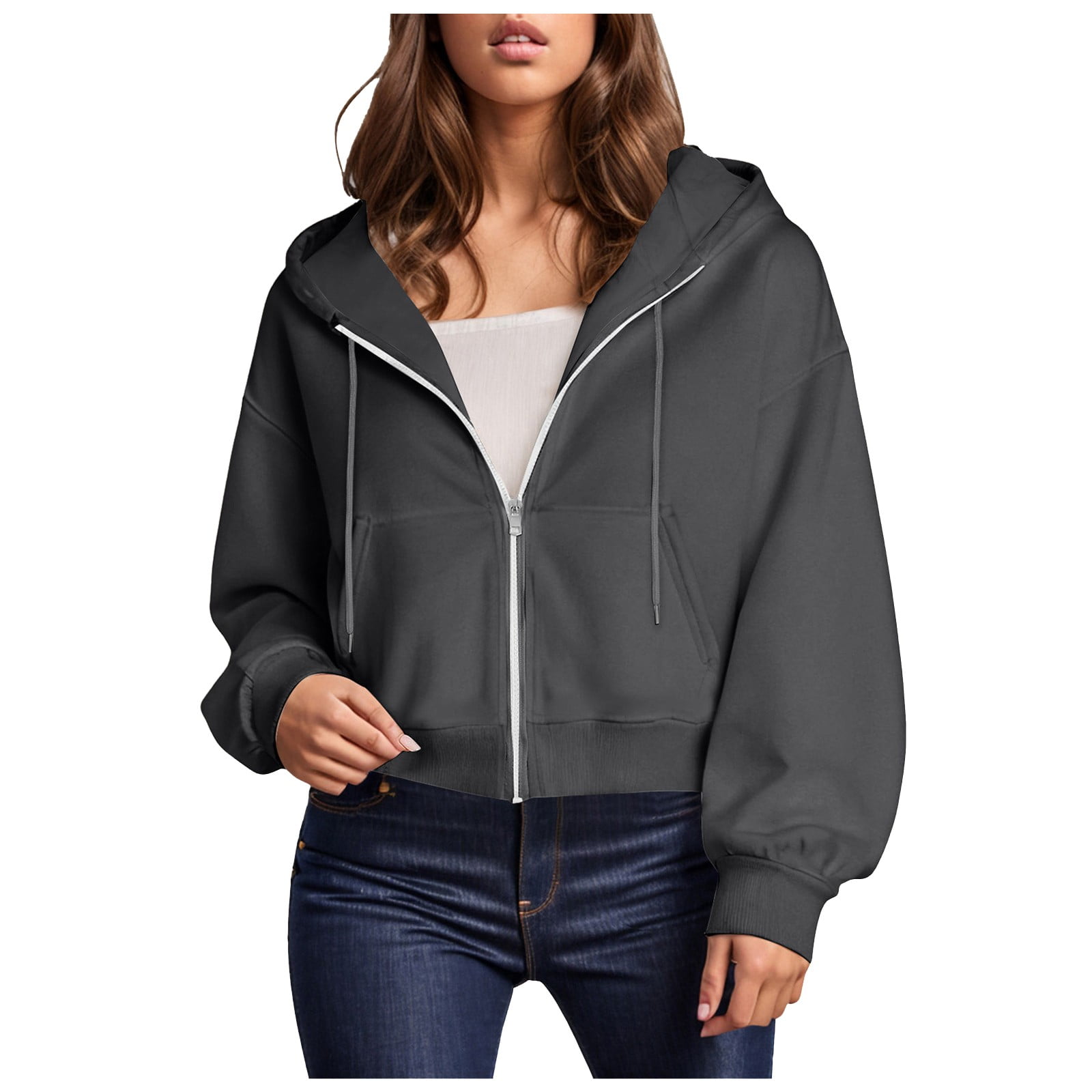 zaveiop Womens Zip up Hoodies Cropped Sweatshirts Casual Comfy Cute Zip Jackets Fashion Trendy Fall Outfits 2025 Y2K Clothes (Z1-Dark Gray M)