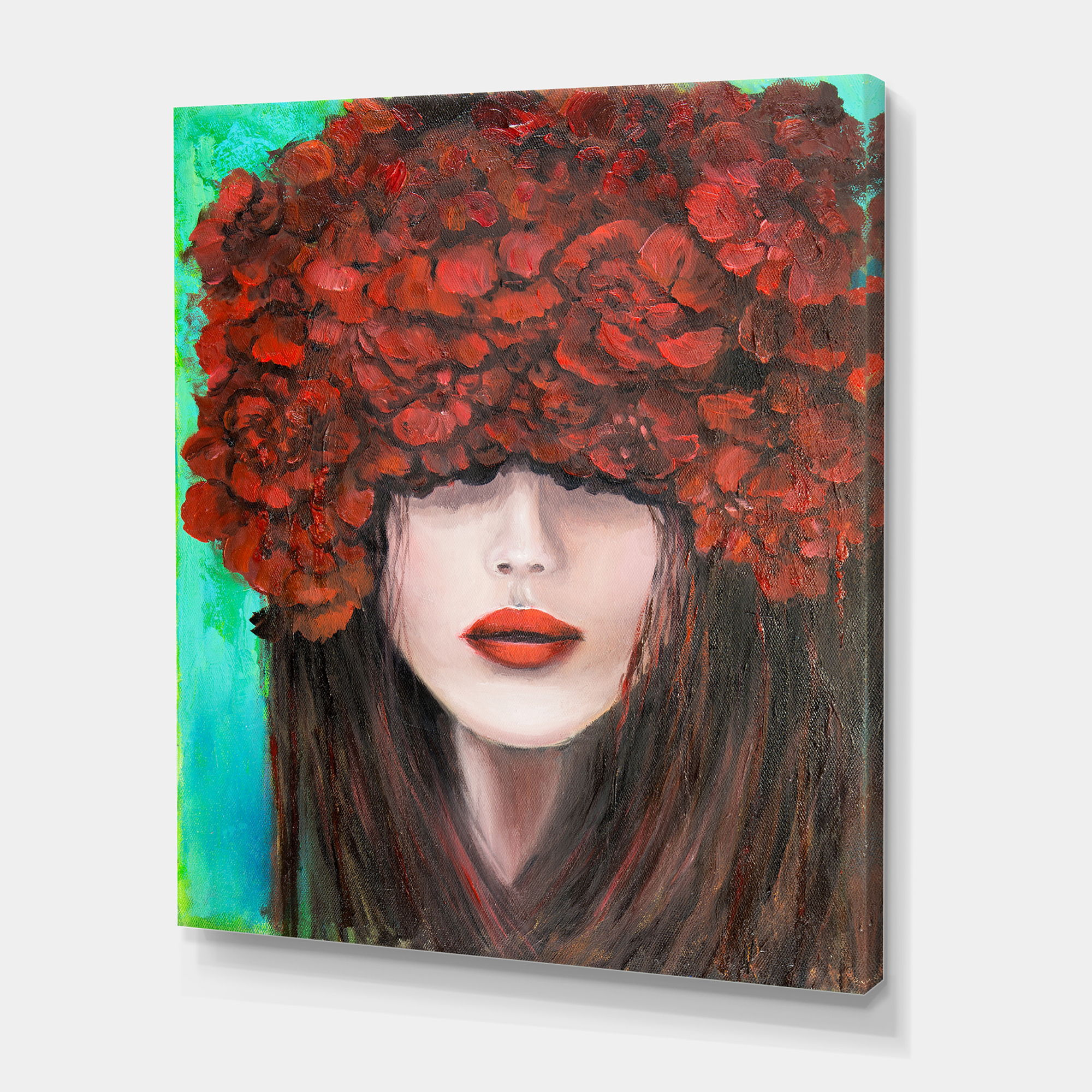 Designart ' Portrait Of A Young Lady With Red Flowers ' Modern Canvas Wall Art Print