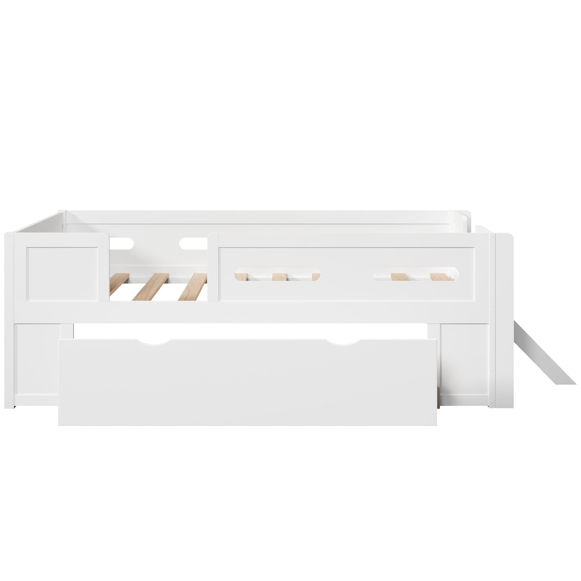 Noble House Genrix Twin Size Pine Wood Platform Bed with Guardrail and Storage Drawer, Kids Bed Frame, White