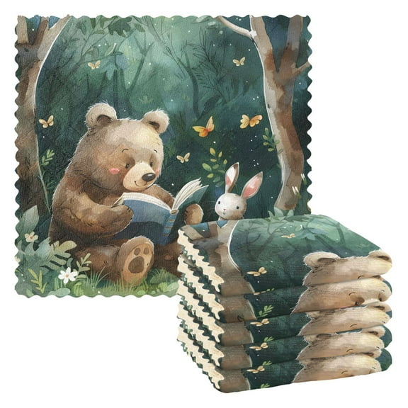 6 Packs Bear Reading and Rabbit Kitchen Dish Towels Soft Absorbent Dish Cloths 11"x11"