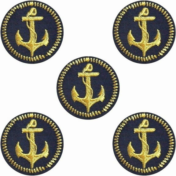 5Pcs Sailor Appliques Iron on Black Round Nautical Embroidered Patch Gold Anchor Sew on Repair Badge Heat adhesive patches