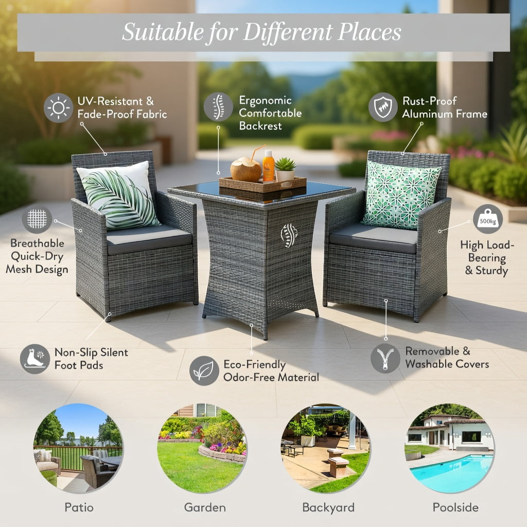 Hommoo 3-Piece Patio Rattan Furniture Set, Steel Frame Outdoor Sofa & Table with Washable Cushions for Balcony, Porch, Garden, Gray