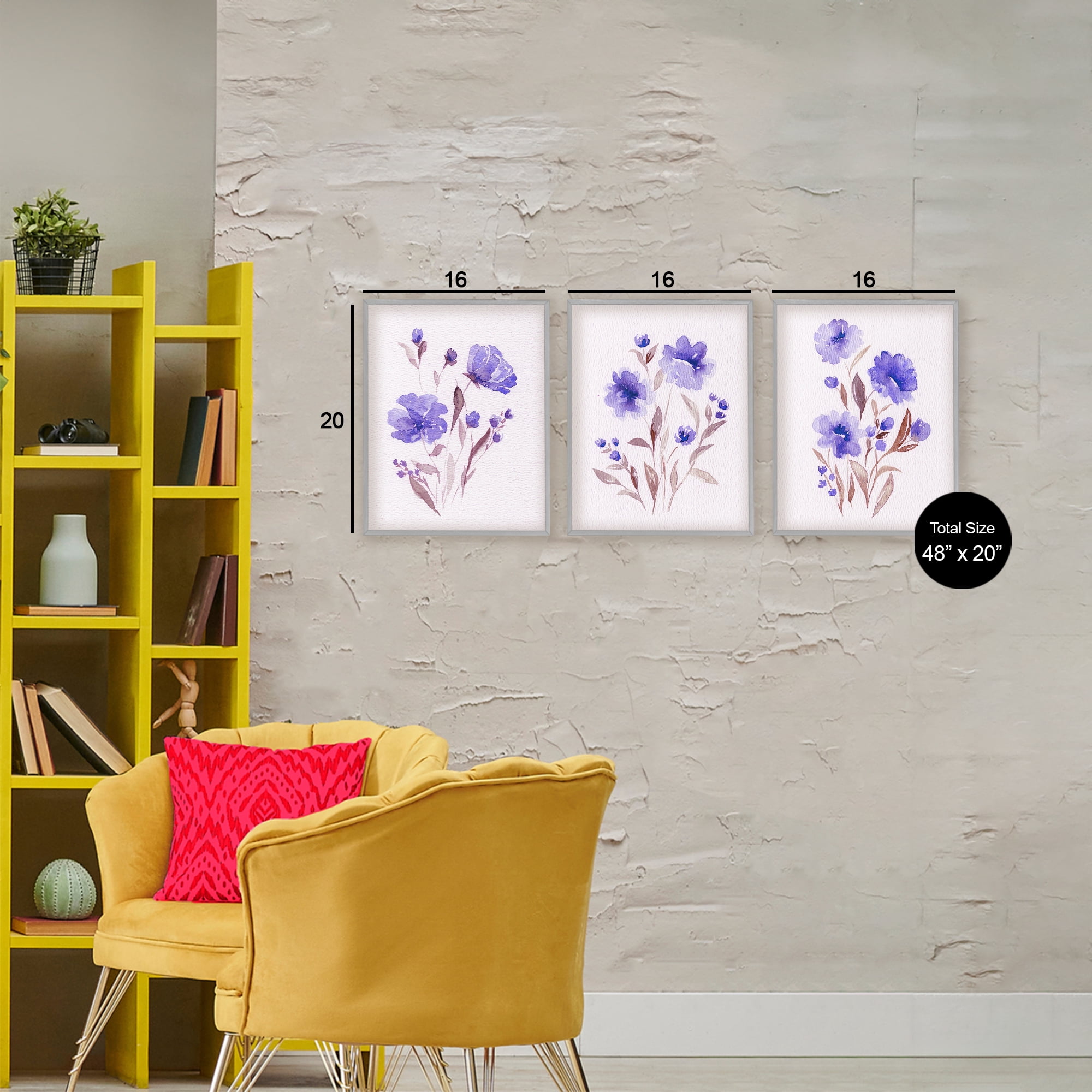 Stupell Industries Watercolor Purple Blooms 3 Piece Gray Framed Giclee Art Set, design by Leah Noel Art