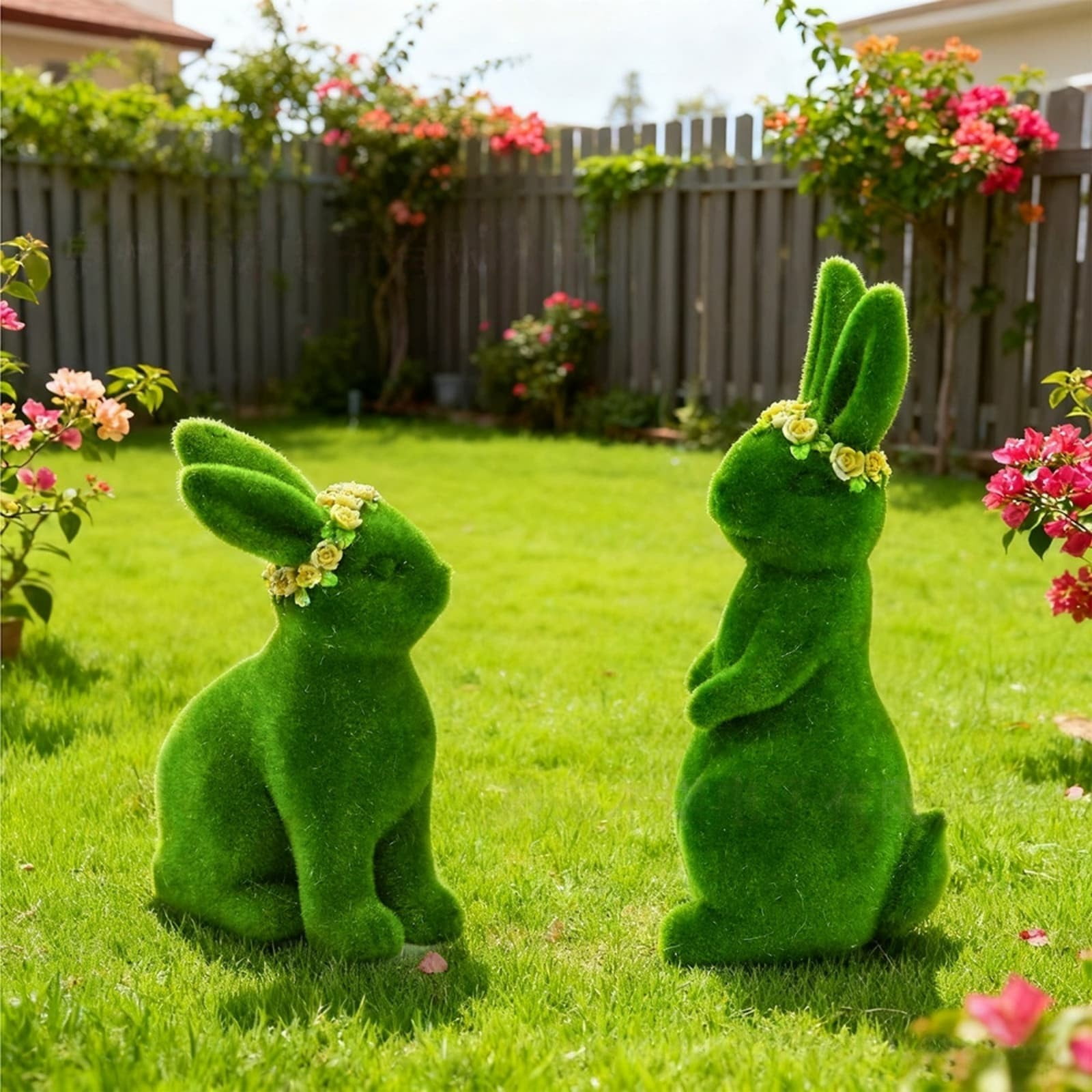 Artificial Flocked Bunny Figurines Moss Easter Bunny Ornaments, Green Moss Bunnies Statue for Easter Spring Decor, Outdoor Resin Flocked Rabbit Statue for Garden Decorations Office Party