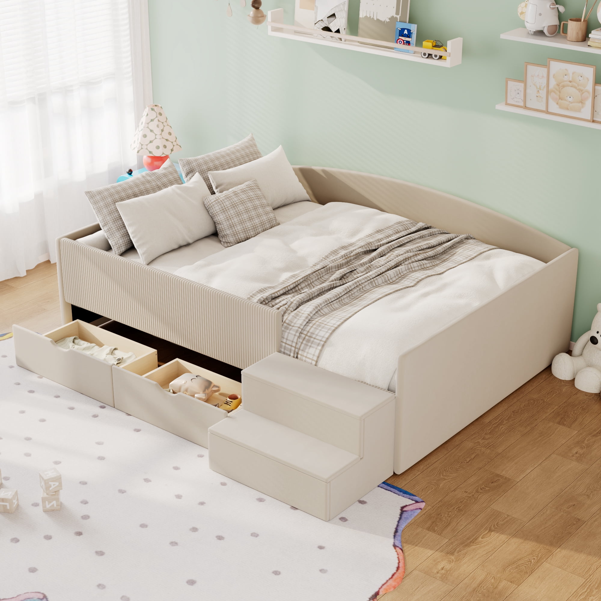 Mintazer Full Size Cute Upholstered Floor Daybed Frame with Safety Guardrail & 2 Storage Drawers & Stairs for Teens Kids, Beige